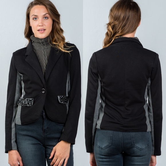 moon Jackets & Blazers - 🖤Black & Gray Colorblock Blazer Jewel Pockets